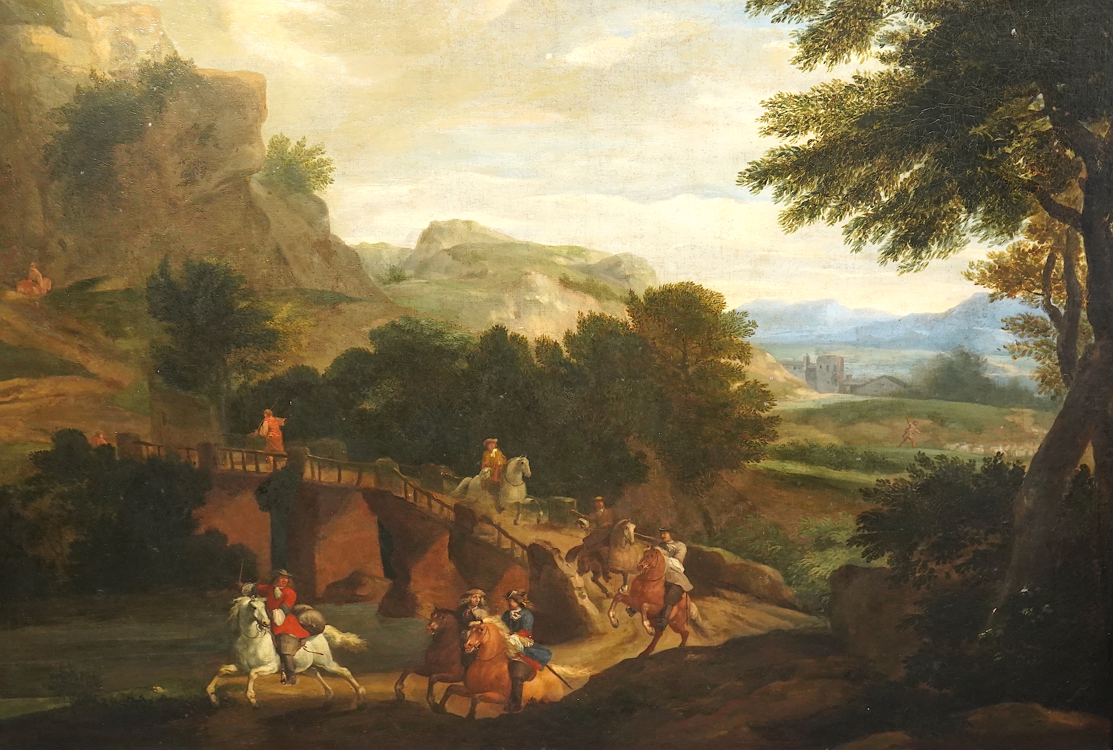 19th century Flemish School , 17th century style Italianate landscape with riders on a lane, oil on canvas, 56 x 129cm